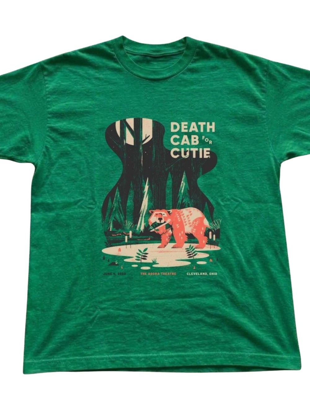 Gildan Green Tee with Coral Bear Graphic, Gift For Her, For Him